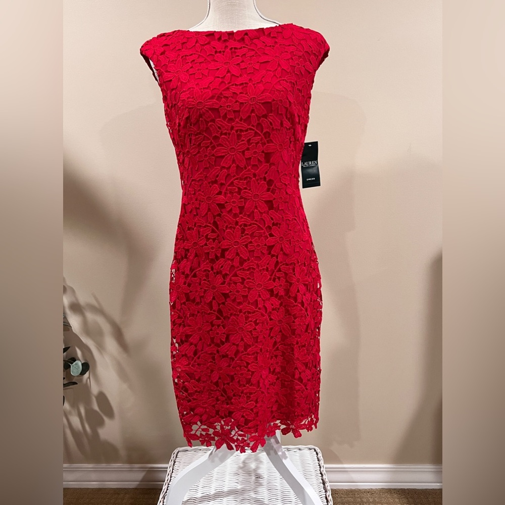 NWT Ralph Lauren Red Dress w/flower like applicate pattern. Size 4.